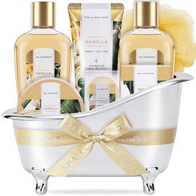 Spa Luxetique Vanilla Spa Gift Set front view with bathtub packaging