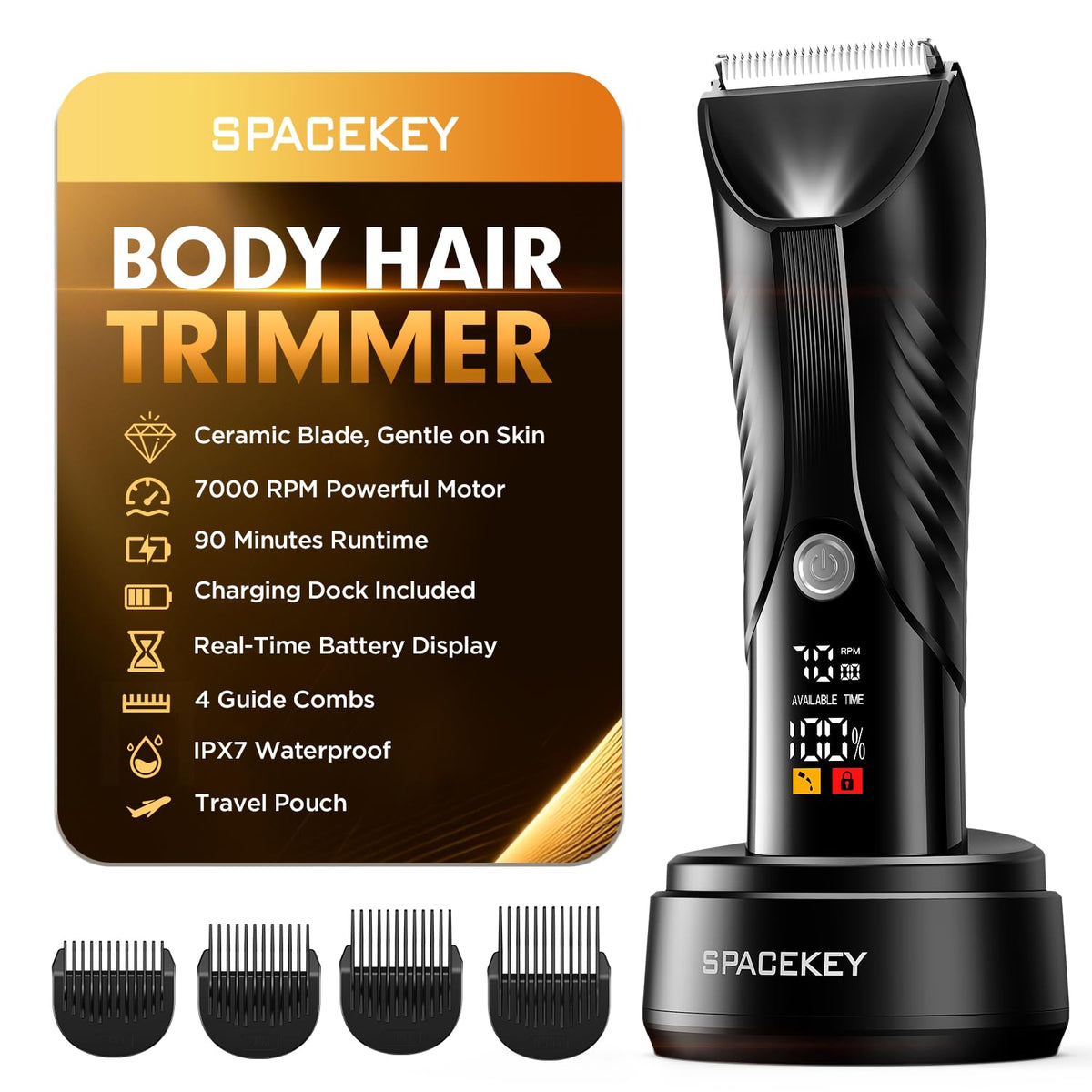 Spacekey Electric Body Hair Trimmer front view with LED light