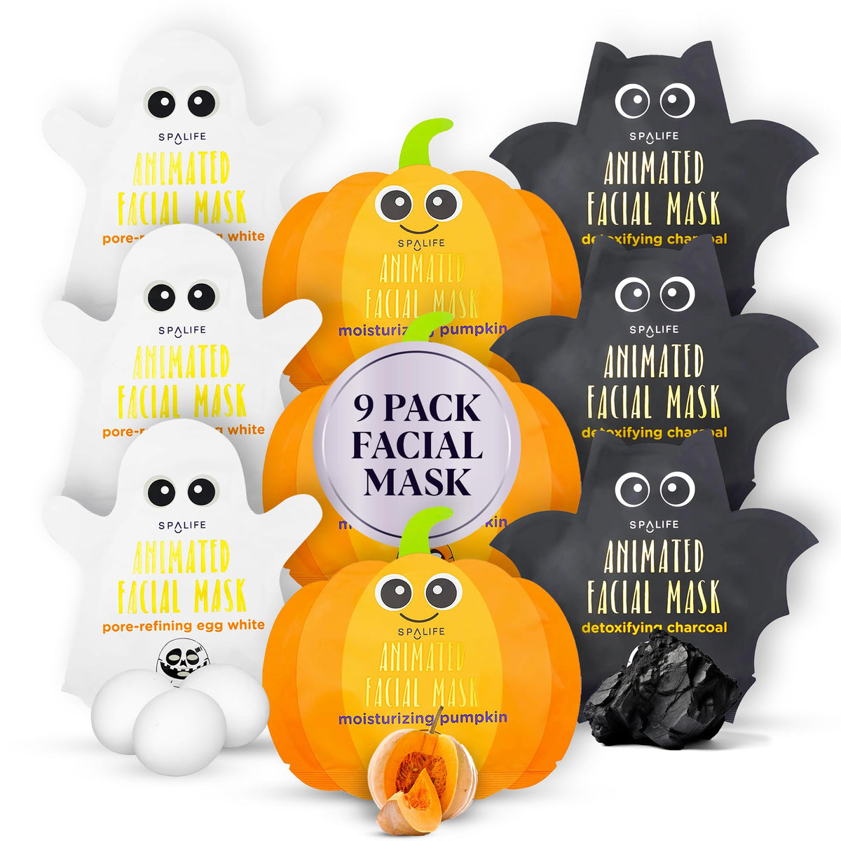 SpaLife Halloween Facial Mask Sheet Bundle featuring ghost, pumpkin, and bat designs