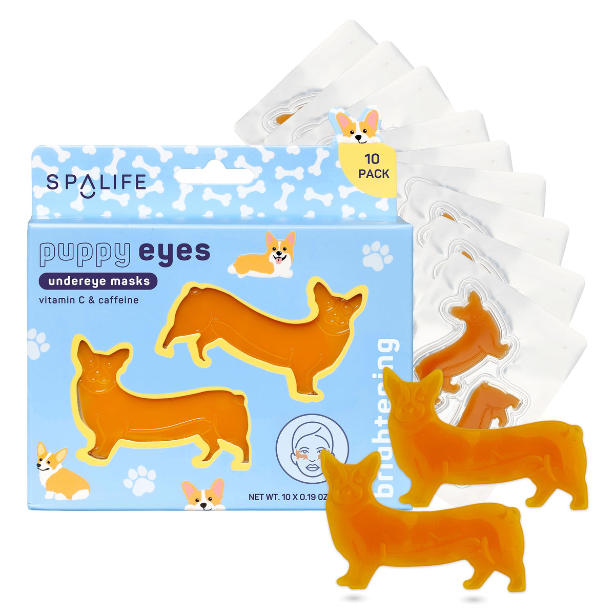 SpaLife Puppy Eyes Corgi Under Eye Patches front view with packaging