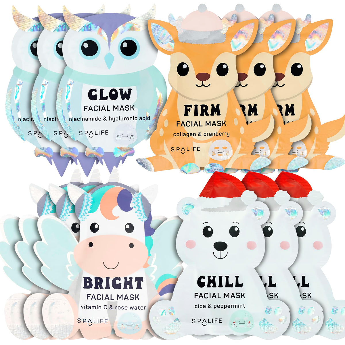 SpaLife Winter Wonder Animals Christmas Face Mask Bundle front view