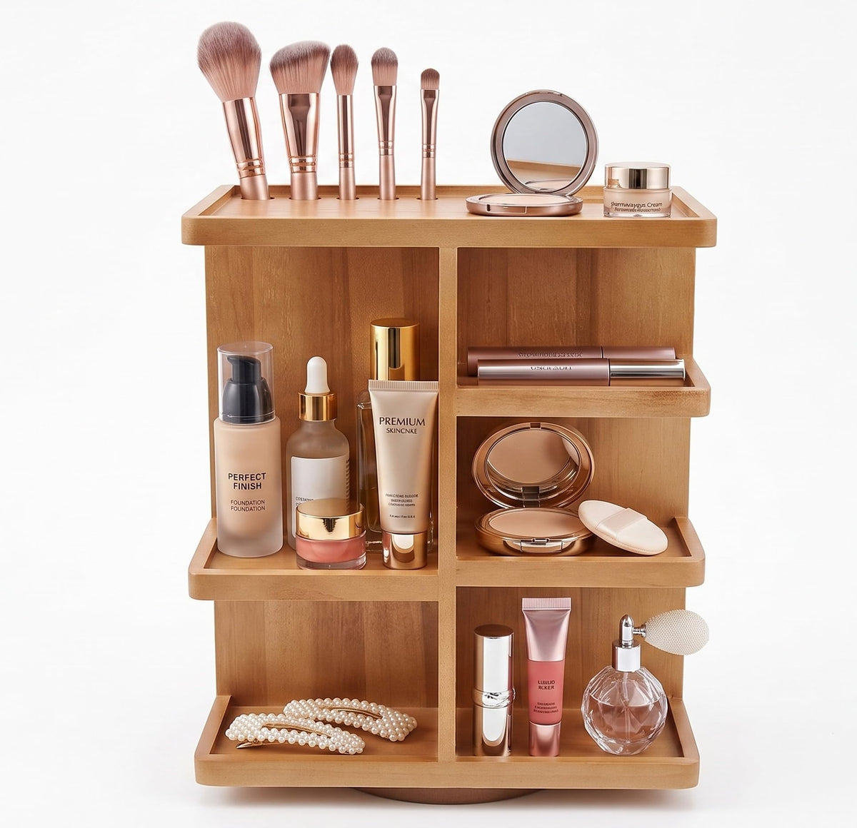 Spiretro Rotating Cosmetic Organizer front view in Acacia wood