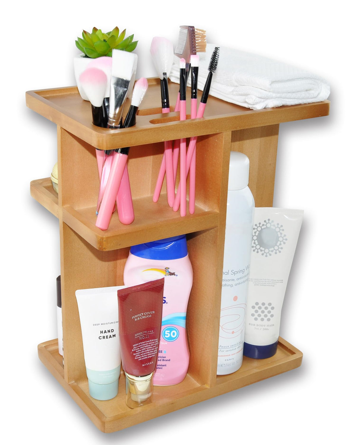 Spiretro Rotating Cosmetic Organizer in use on a vanity with cosmetics