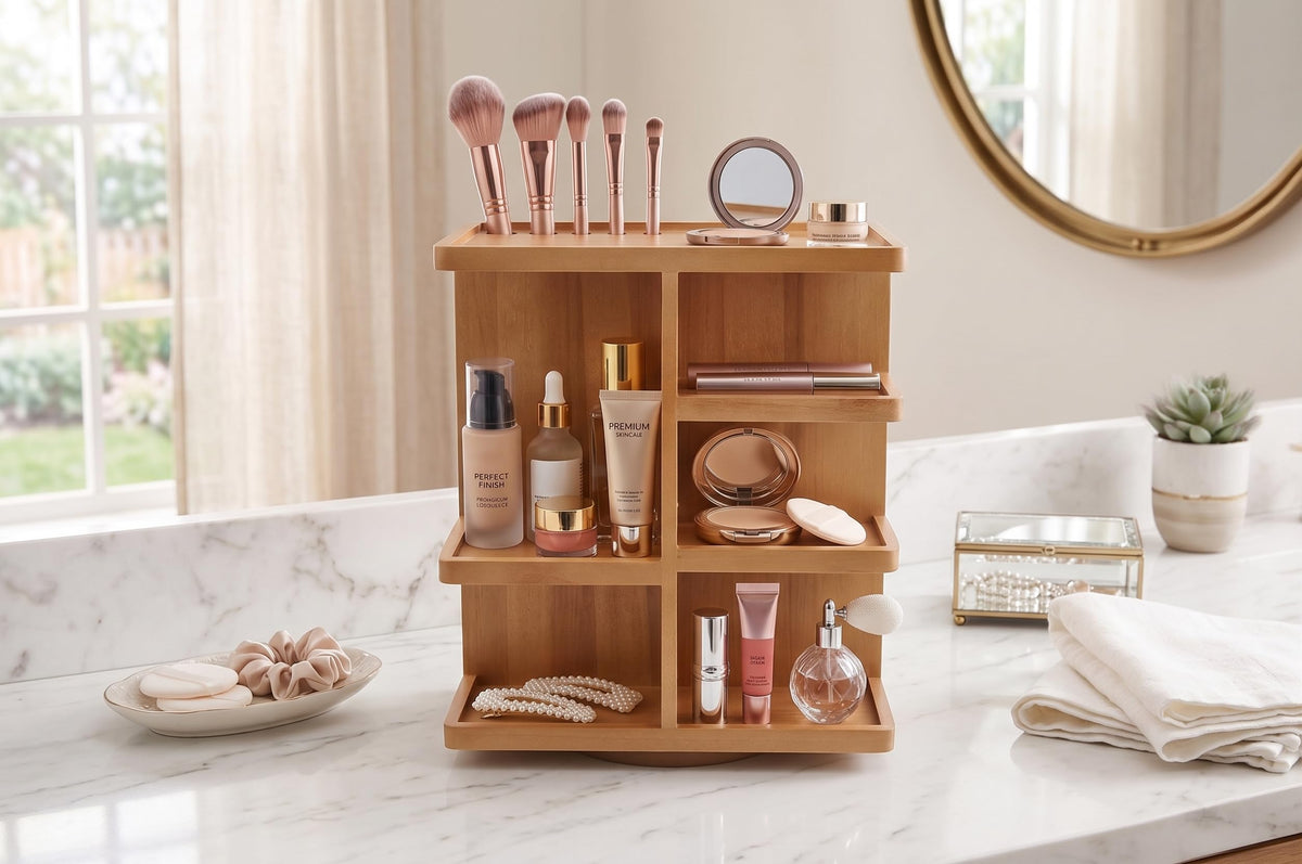 Spiretro Rotating Cosmetic Organizer top view with makeup compartments