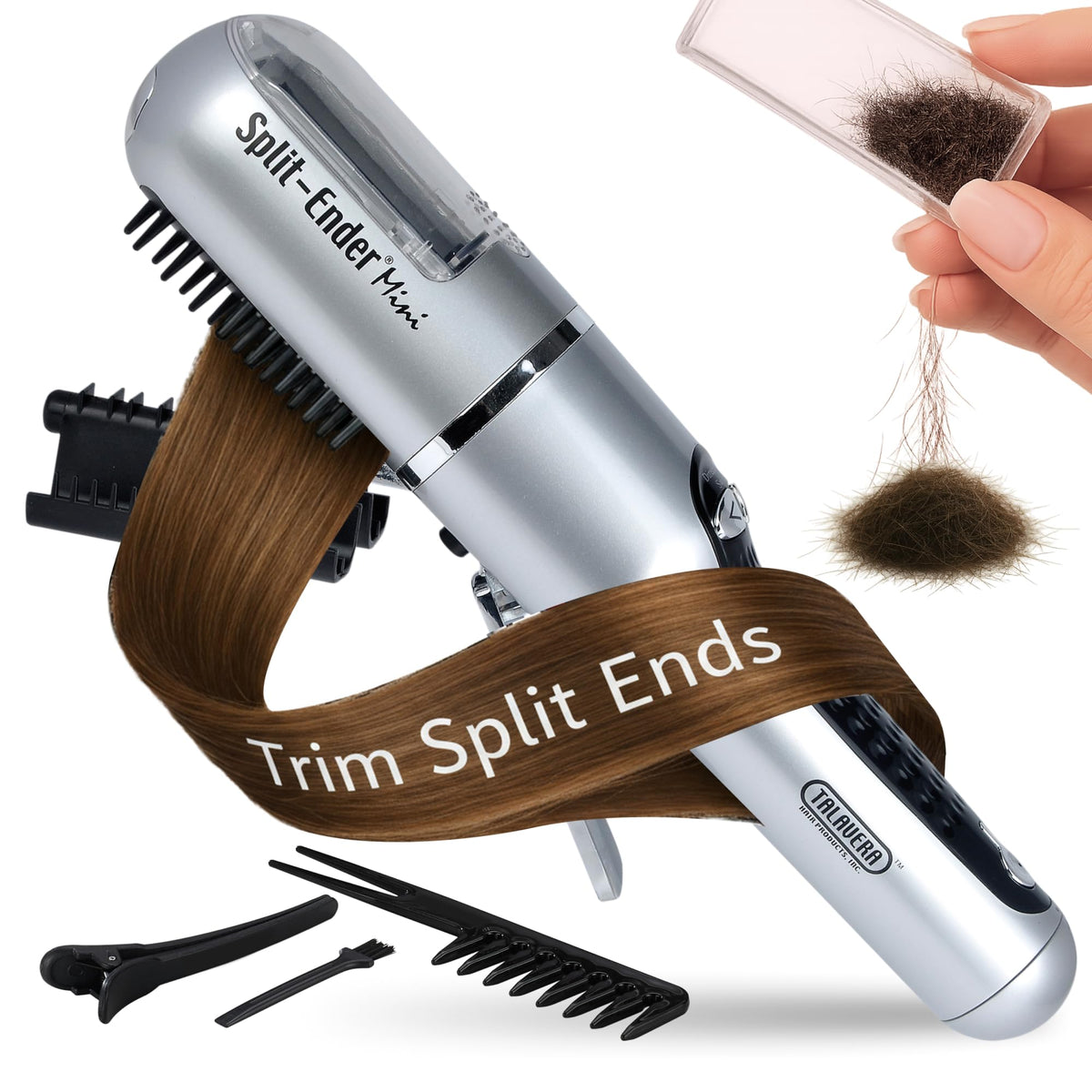 Split-Ender Mini cordless hair trimmer in silver with accessories