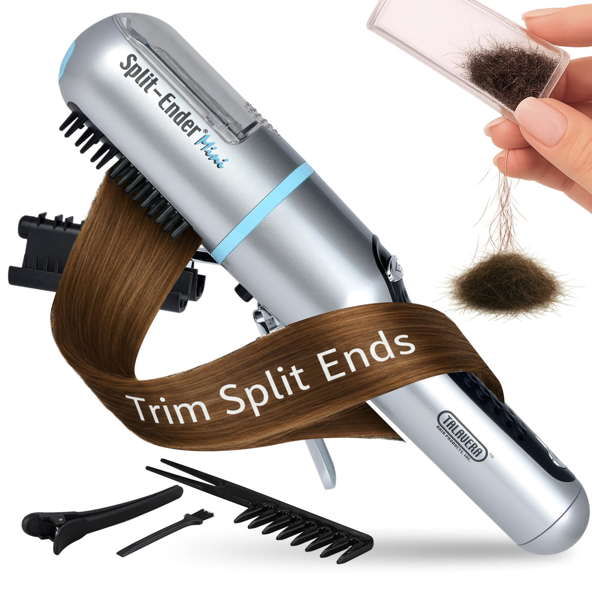 Split-Ender Mini cordless split end hair trimmer in blue, front view