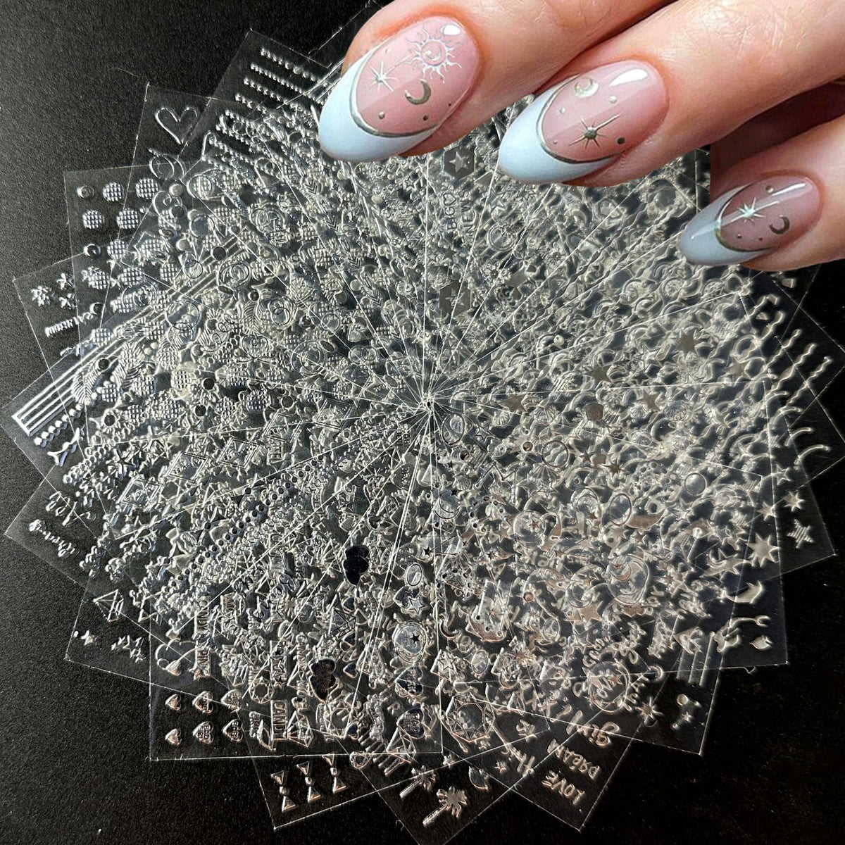 SPLOCUDU 30 sheets silver nail art stickers with various designs