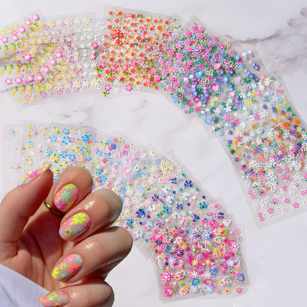 SPLOCUDU 3D flower nail art stickers front view with colorful designs