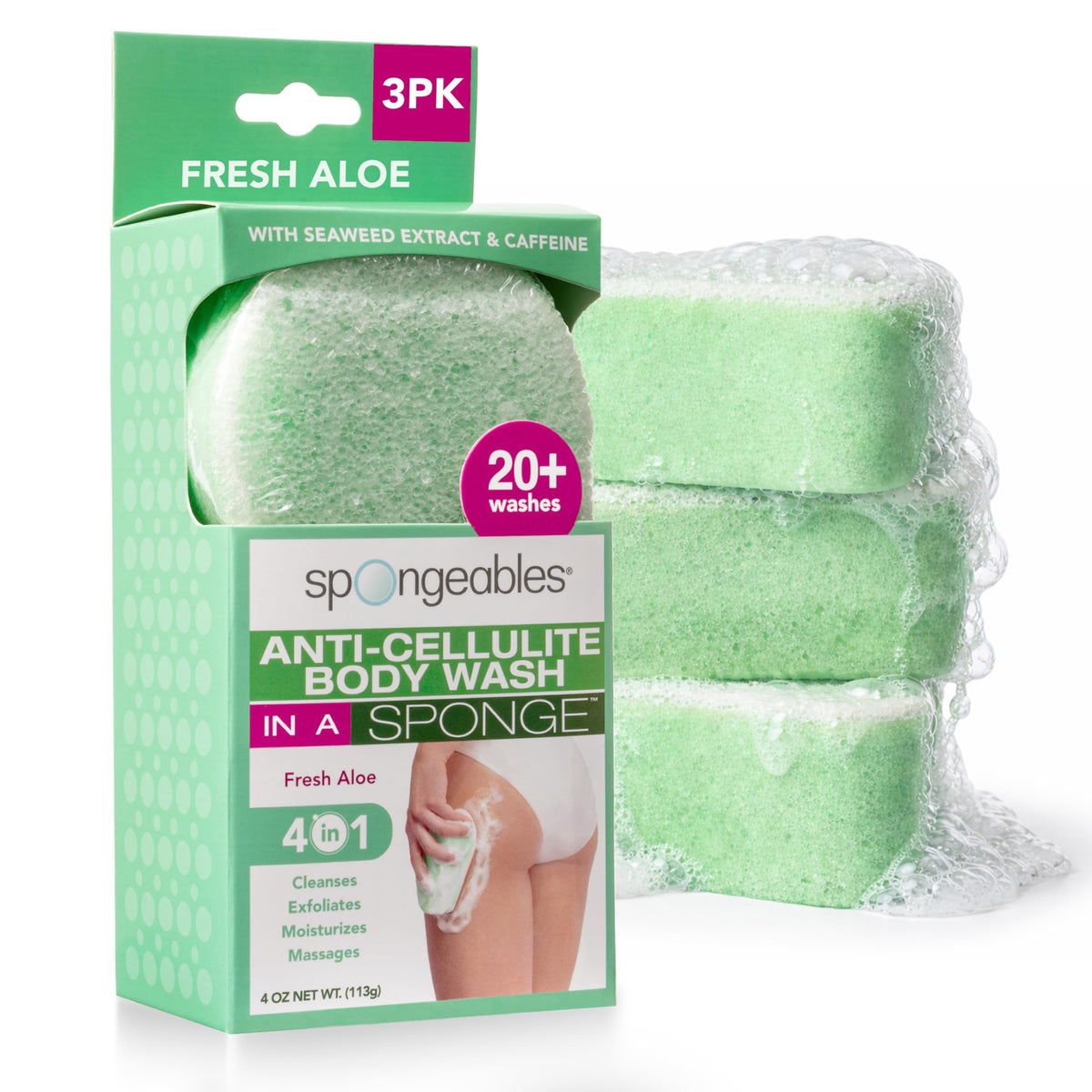 Spongeables Anti Cellulite Body Wash Sponge front view, Fresh Aloe