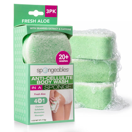 Spongeables Anti Cellulite Body Wash Sponge front view, Fresh Aloe