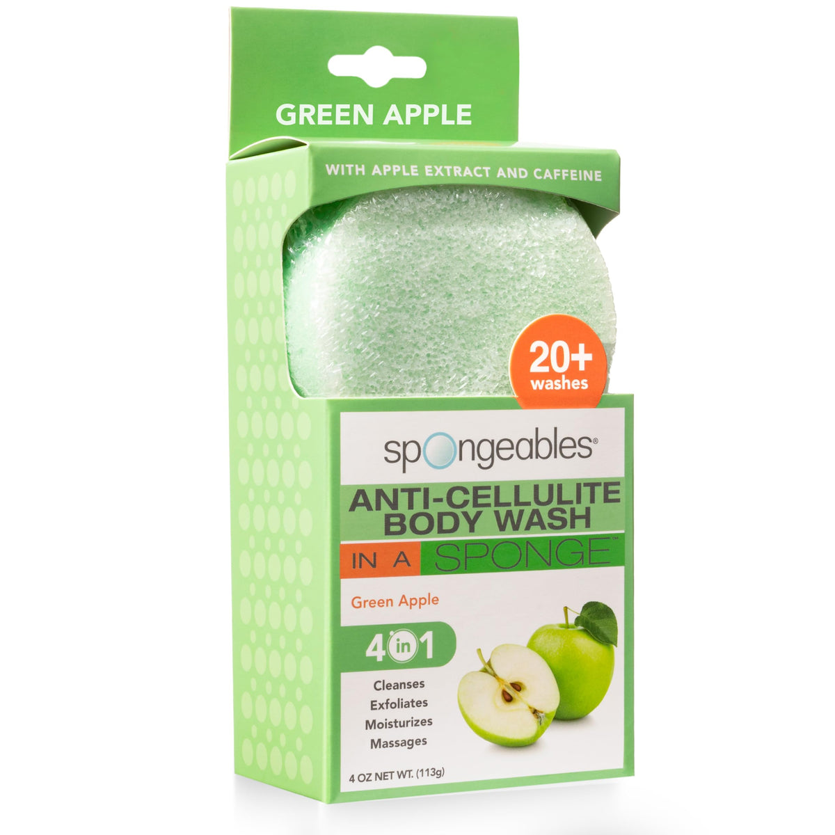 Spongeables Anti Cellulite Body Wash Sponge front view with apple scent