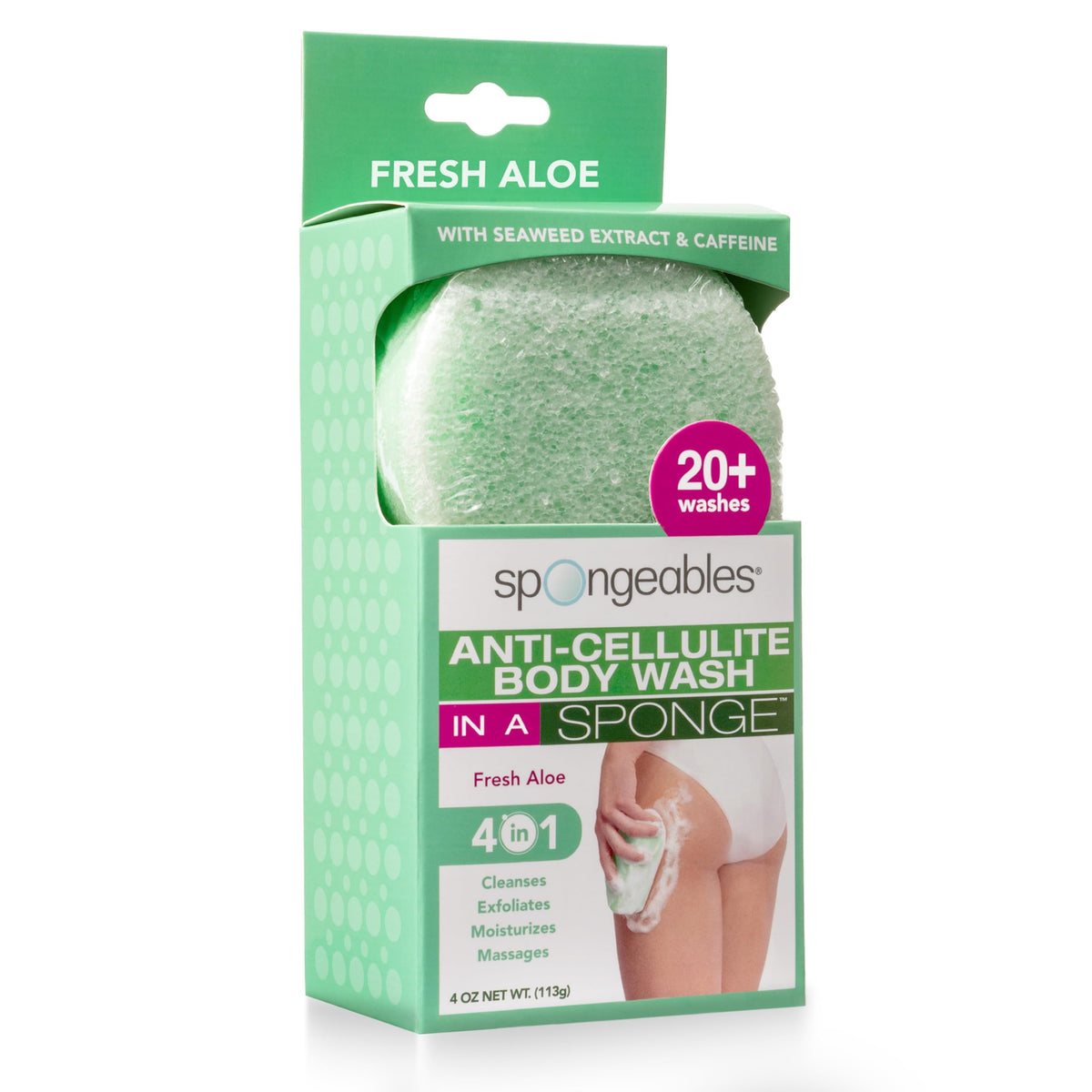 Spongeables Anti Cellulite Body Wash Sponge front view with fresh aloe scent