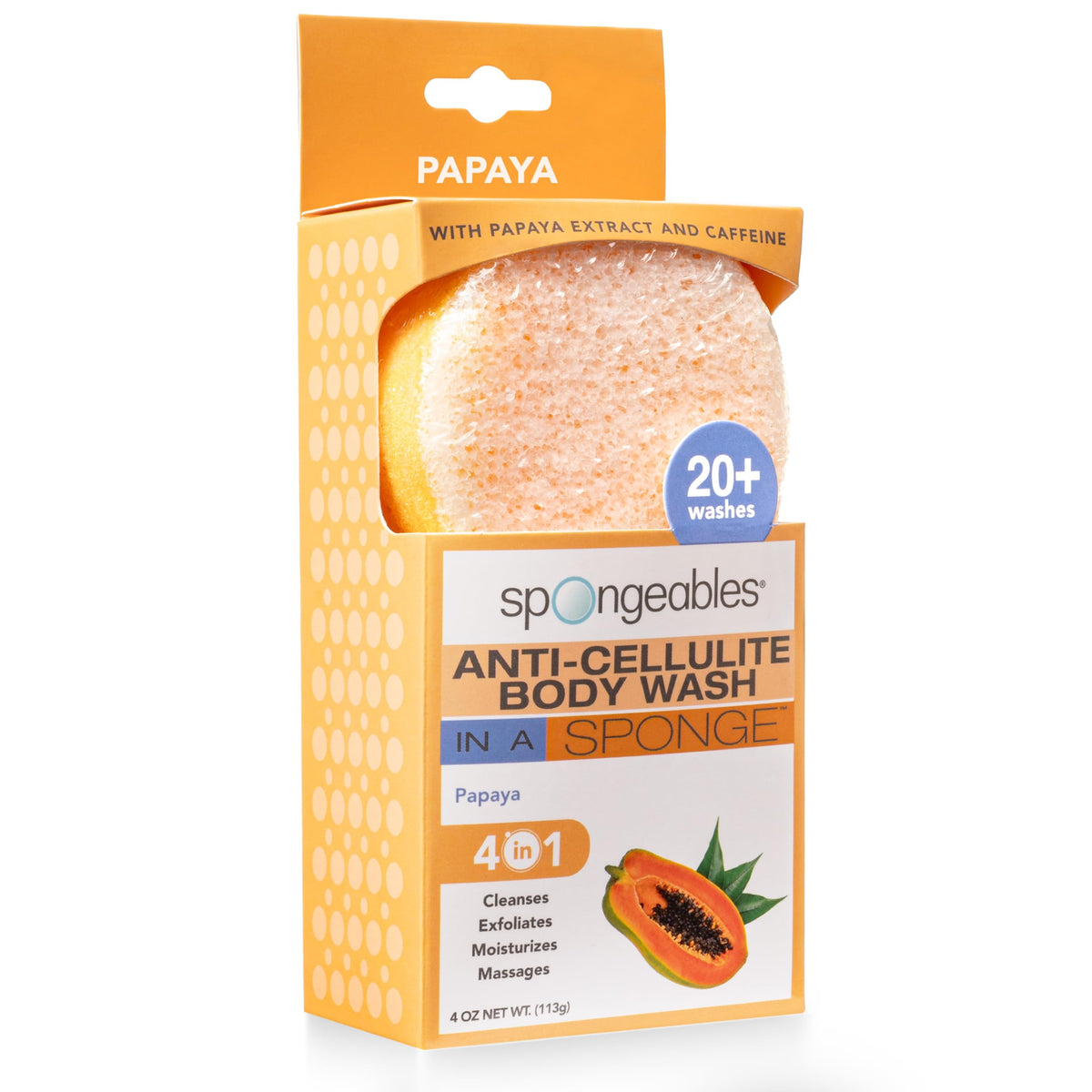 Spongeables Anti Cellulite Body Wash Sponge front view with papaya scent