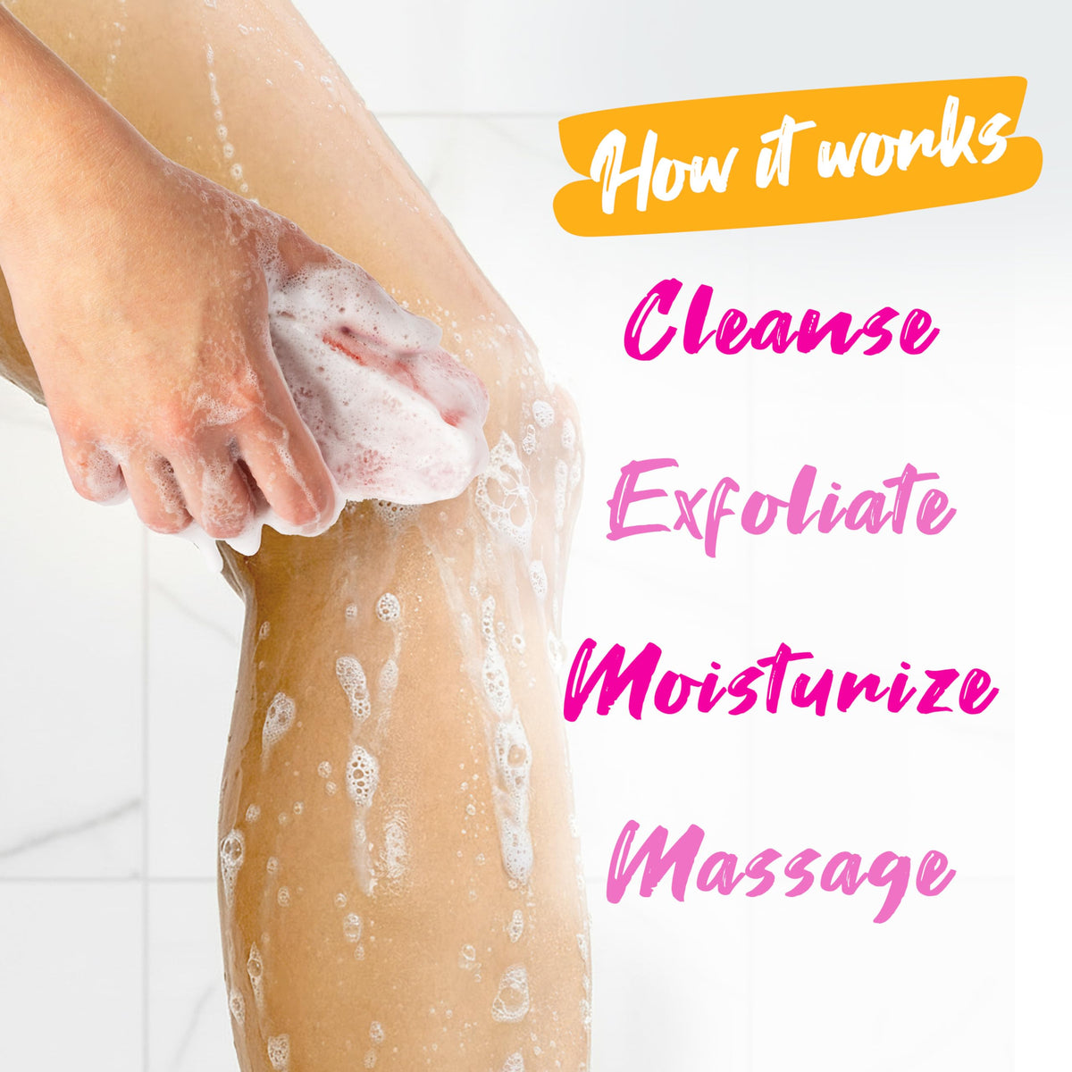 Spongeables Anti Cellulite Body Wash Sponge in a lifestyle setting