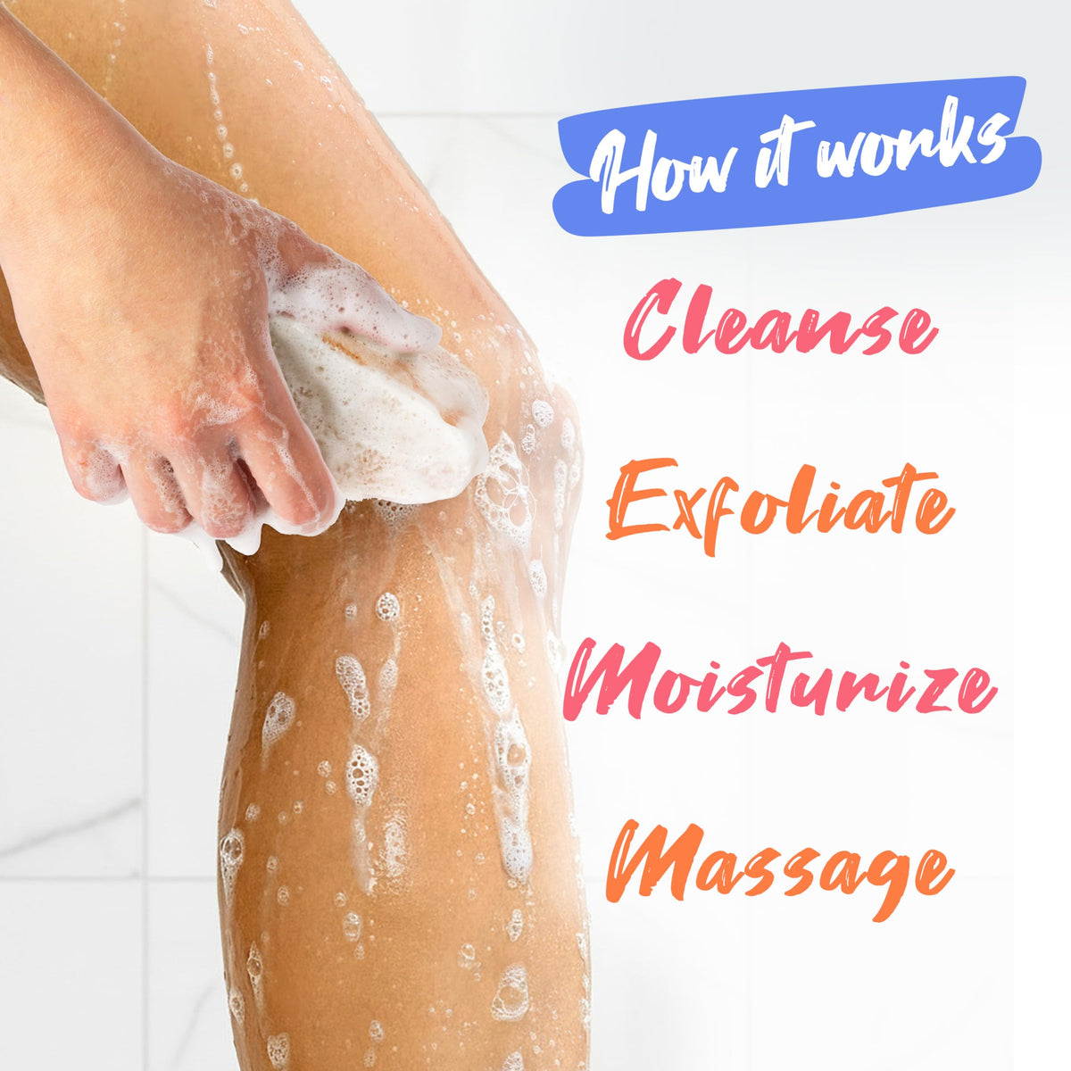 Spongeables Anti Cellulite Body Wash Sponge in use during a shower