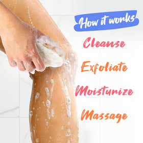 Spongeables Anti Cellulite Body Wash Sponge in use during a shower
