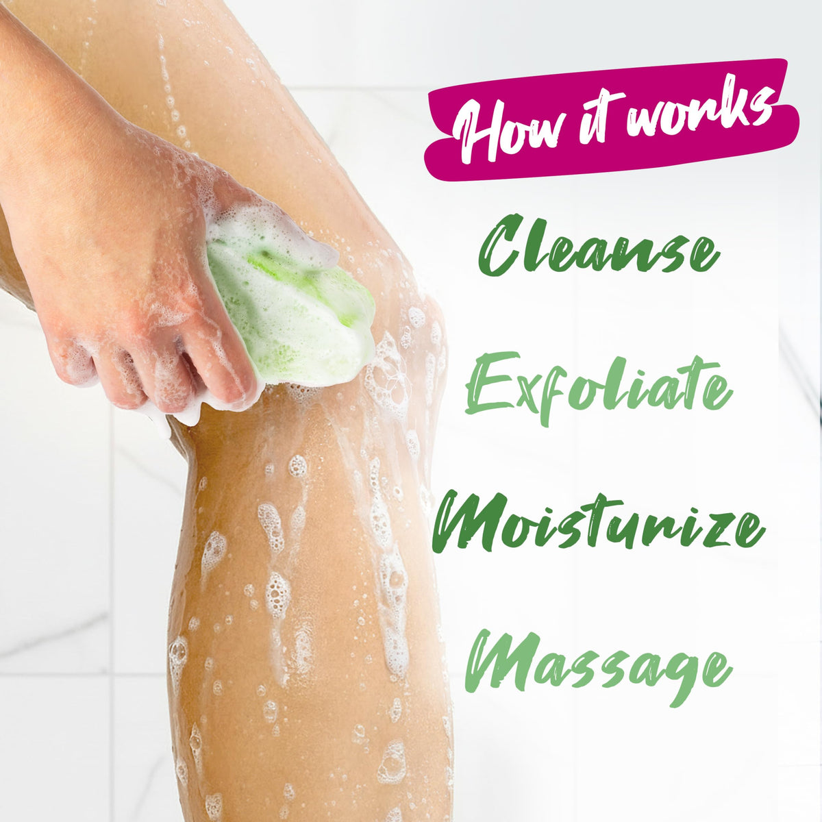 Spongeables Anti Cellulite Body Wash Sponge in use during a shower