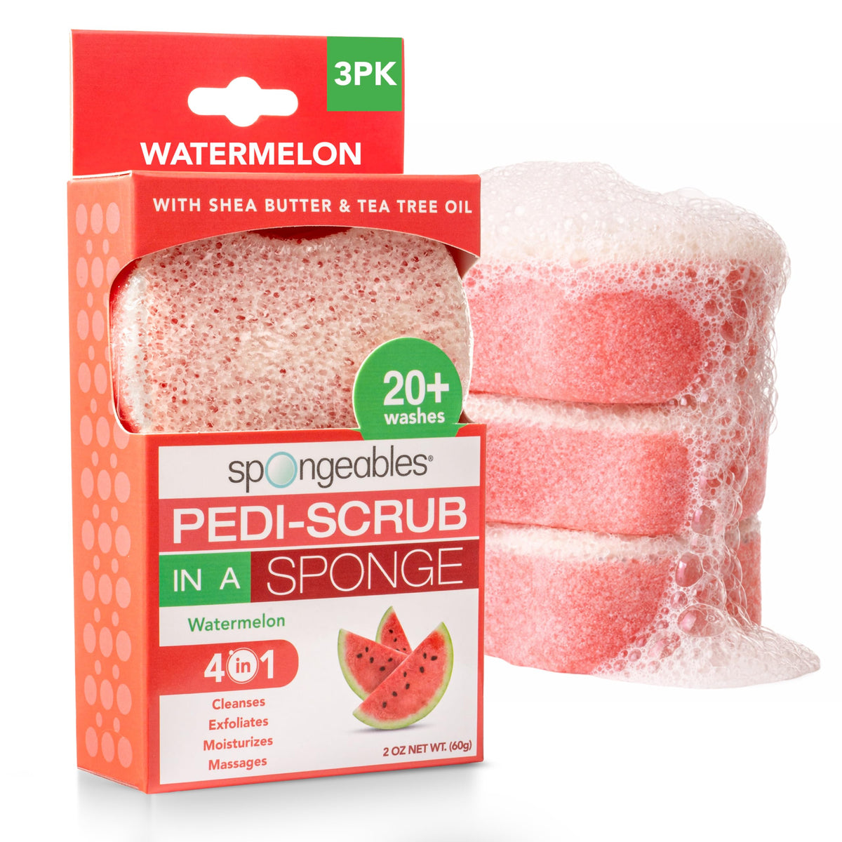 Spongeables Pedi Scrub Foot Exfoliating Sponge front view, Watermelon scent