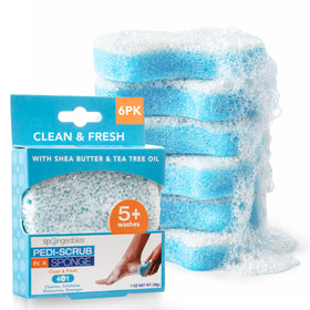 Spongeables Pedi Scrub Foot Exfoliating Sponge front view with packaging