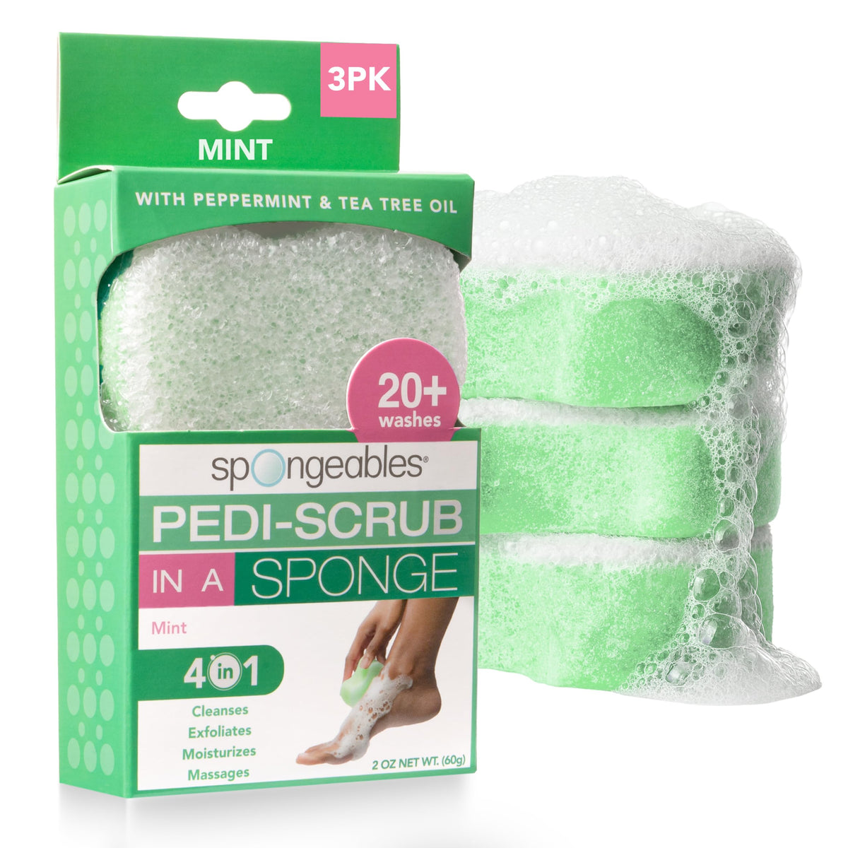 Spongeables Pedi Scrub Foot Exfoliating Sponge front view with peppermint scent