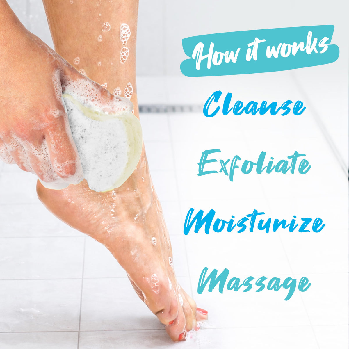 Spongeables Pedi Scrub in use, foamy cleanser on foot