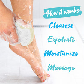 Spongeables Pedi Scrub in use, foamy cleanser on foot