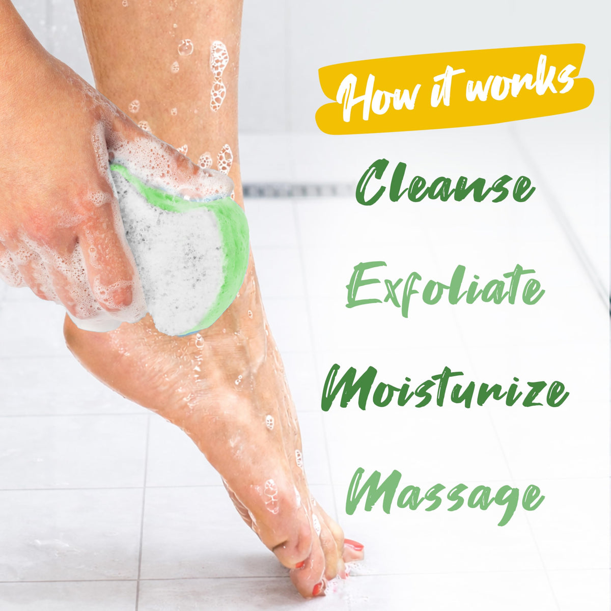 Spongeables Pedi Scrub sponge being used on feet