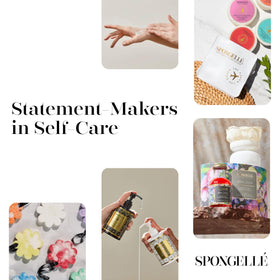 SPONGELLÉ Grapefruit Cassis Bath Sponge on bathroom shelf