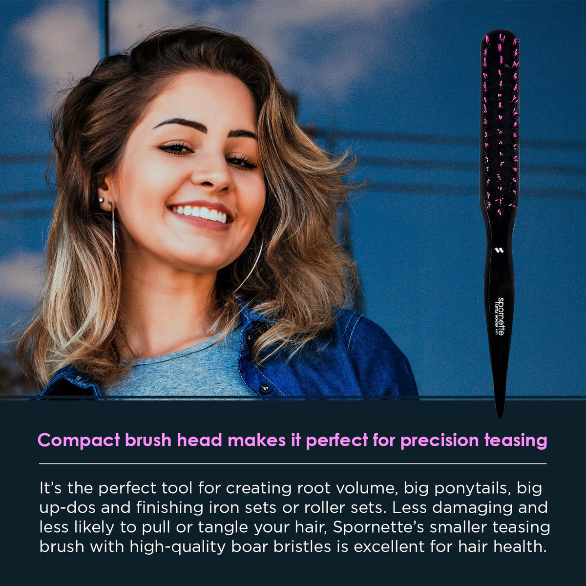 SPORNETTE Little Wonder Teasing Hair Brush in use on styled hair