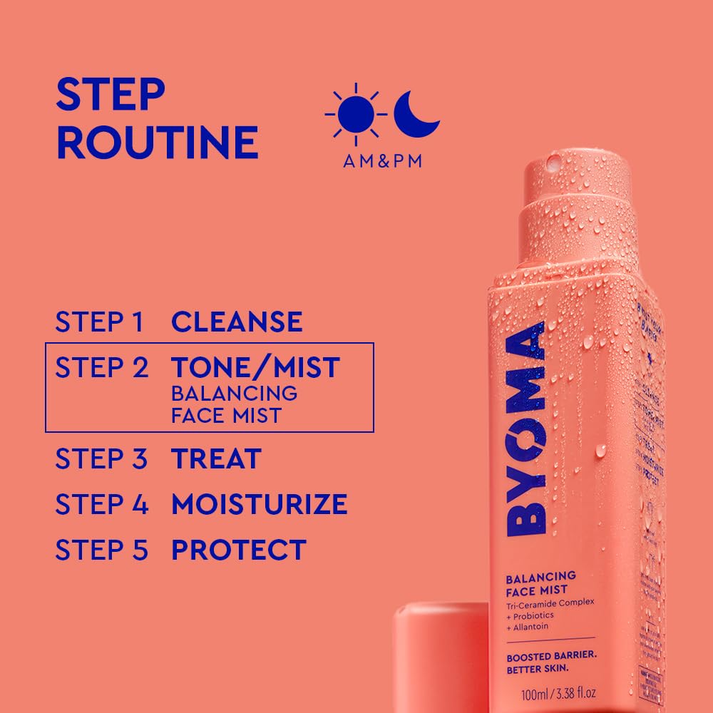 Spraying BYOMA Balancing Face Mist on skin