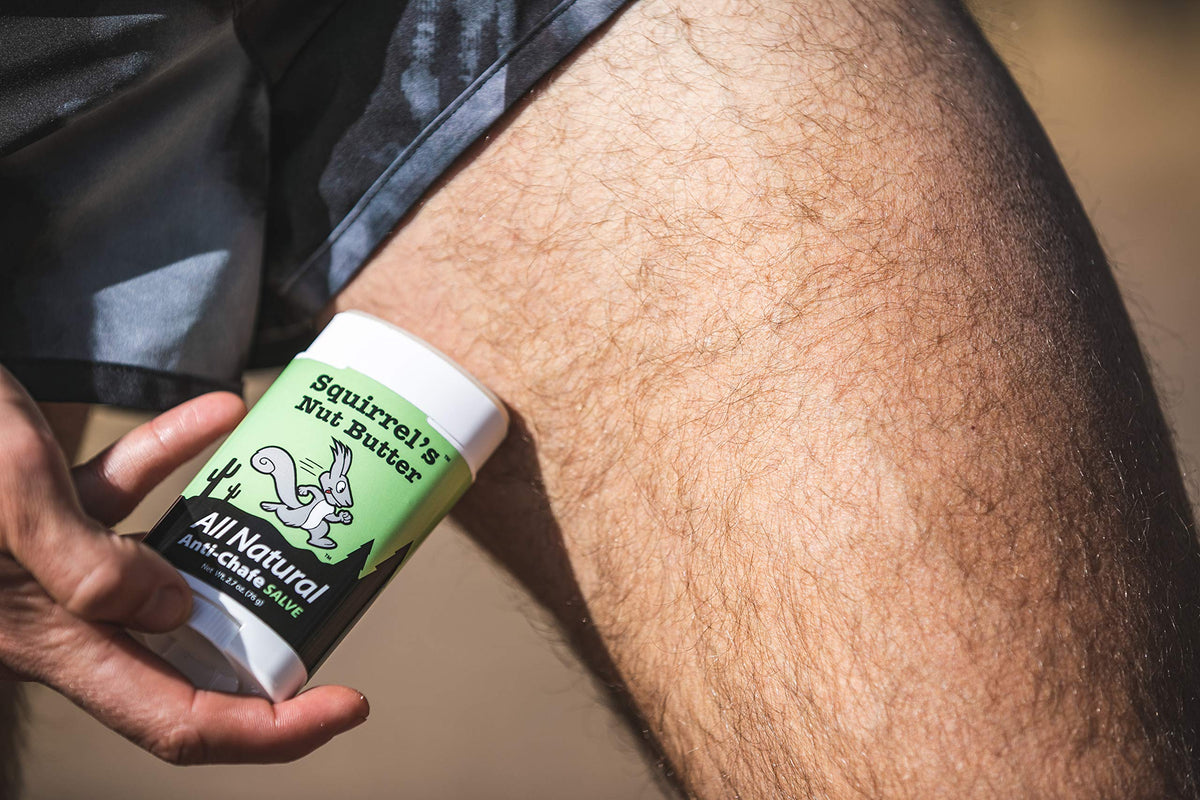 Squirrel's Nut Butter Anti Chafing Stick with natural ingredients displayed