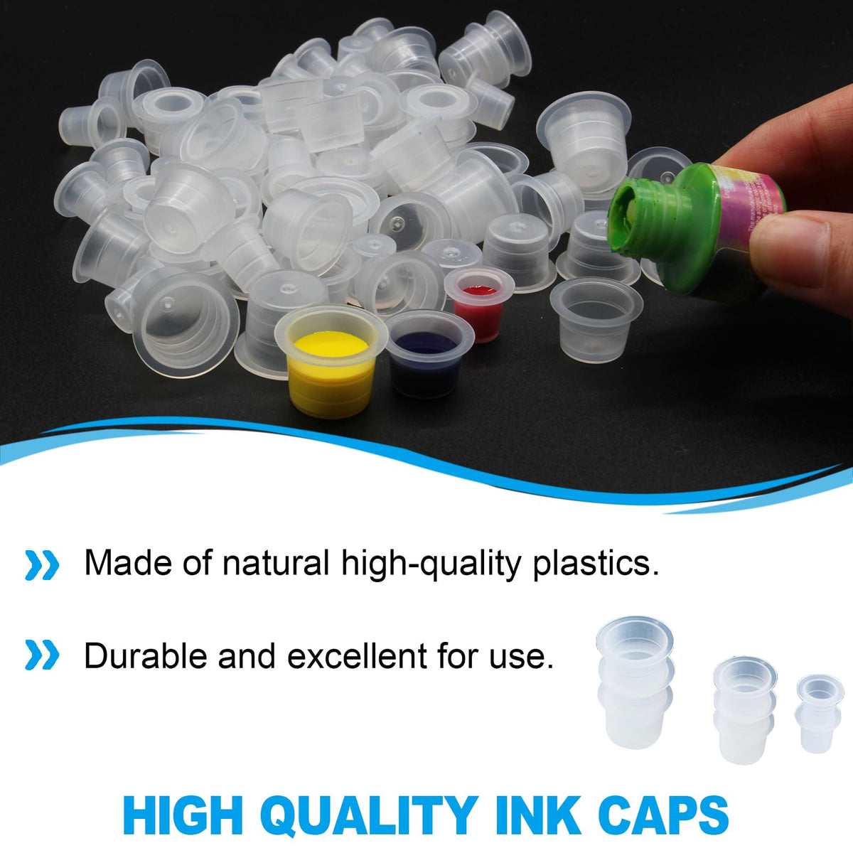 Stacked Emalla tattoo ink cups in various sizes