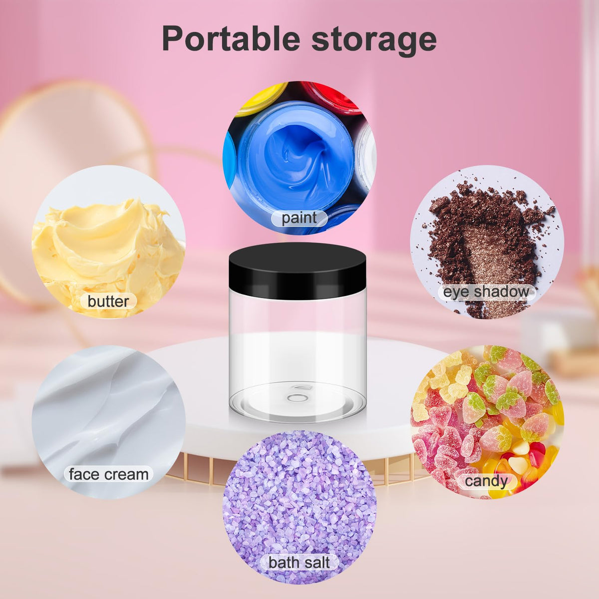 Stacked Loretoy plastic jars showcasing compact design