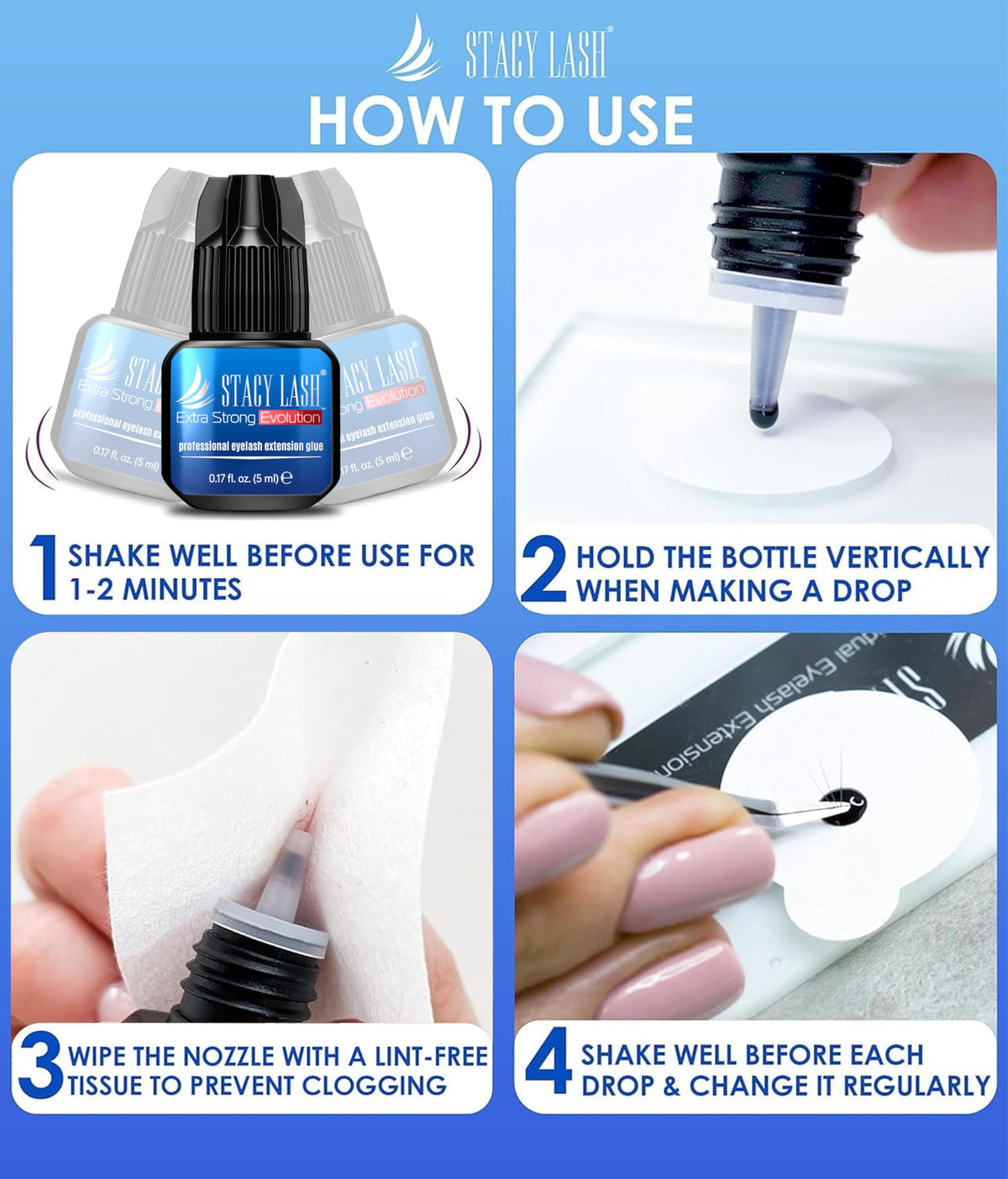 STACY LASH Extra Strong Evolution Eyelash Extension Glue 5ml with eyelash extensions