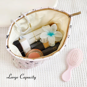 STARDW Cute Cotton Quilted Makeup Bag displayed with cosmetics