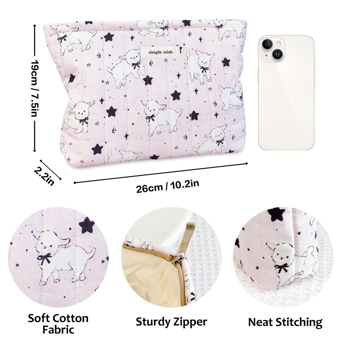 STARDW Cute Cotton Quilted Makeup Bag side view with smooth zipper