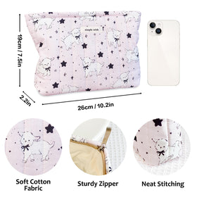 STARDW Cute Cotton Quilted Makeup Bag side view with smooth zipper