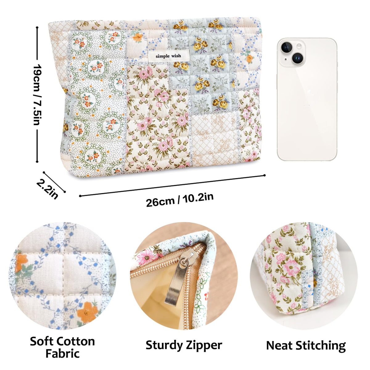 STARDW Cute Cotton Quilted Makeup Bag side view with zipper