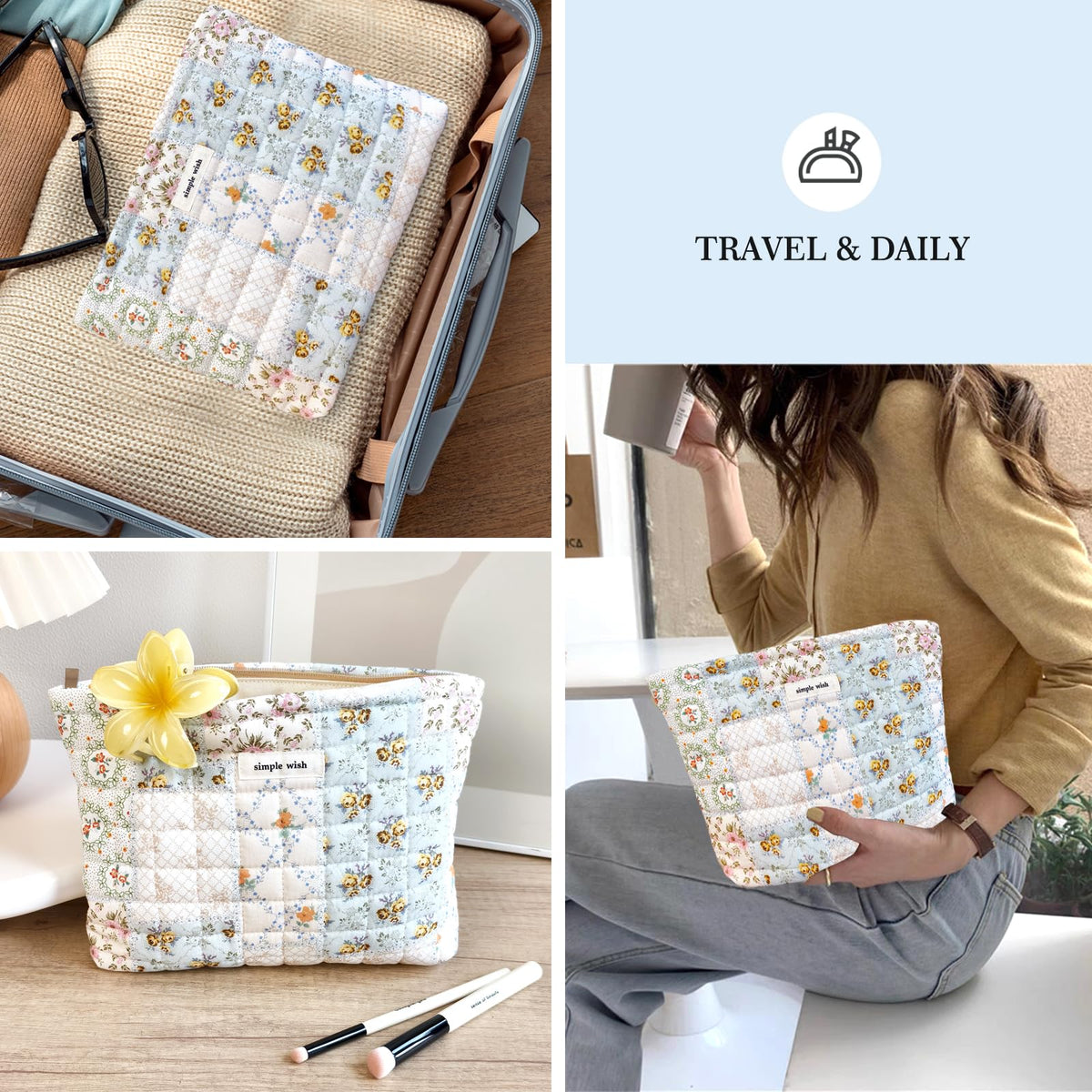 STARDW Cute Cotton Quilted Makeup Bag with floral patterns