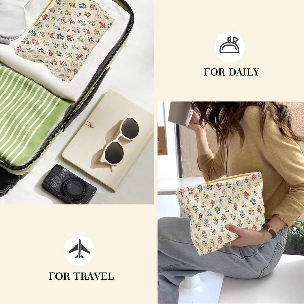 STARDW Floral Makeup Bag displayed with travel accessories