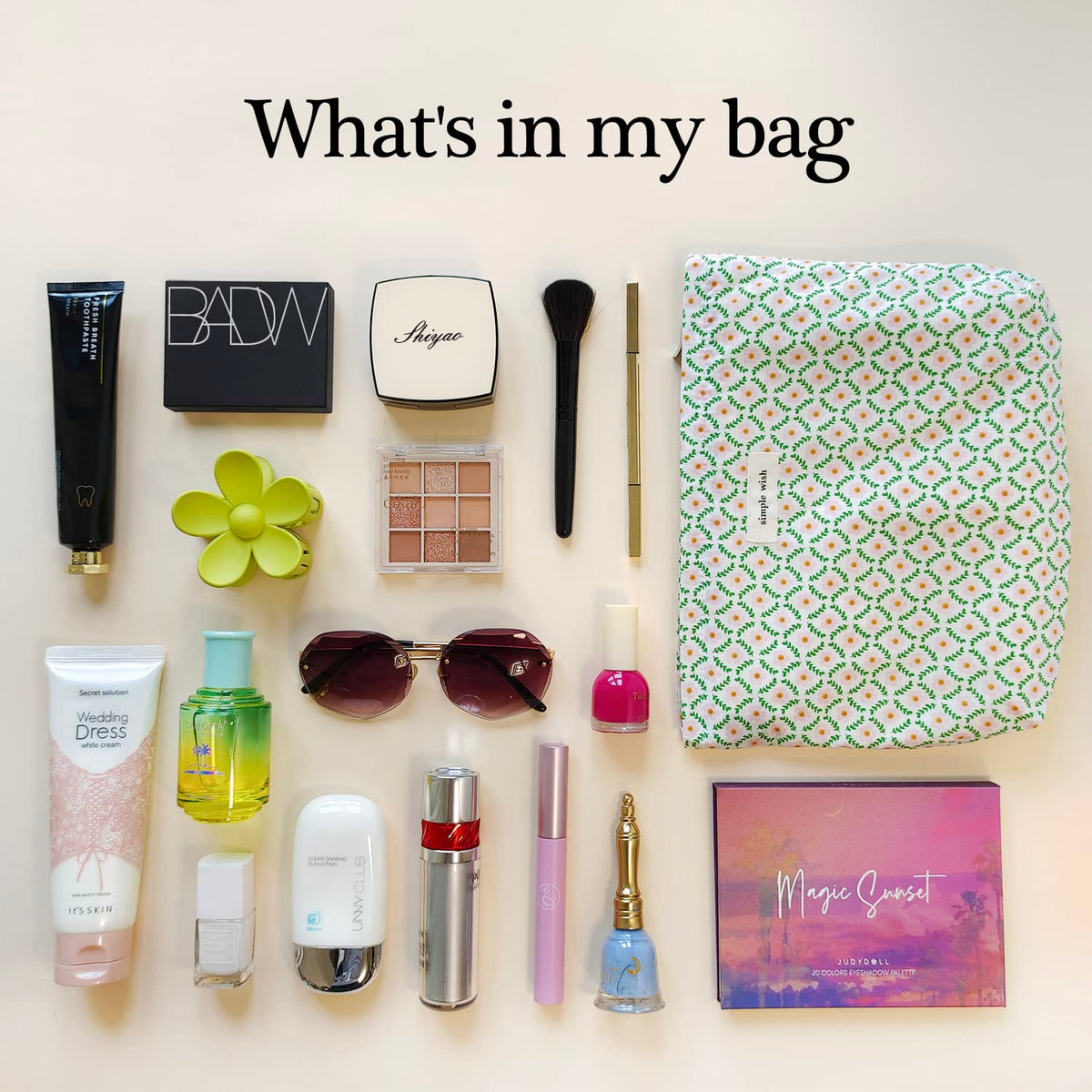 STARDW floral makeup bag open with cosmetics inside