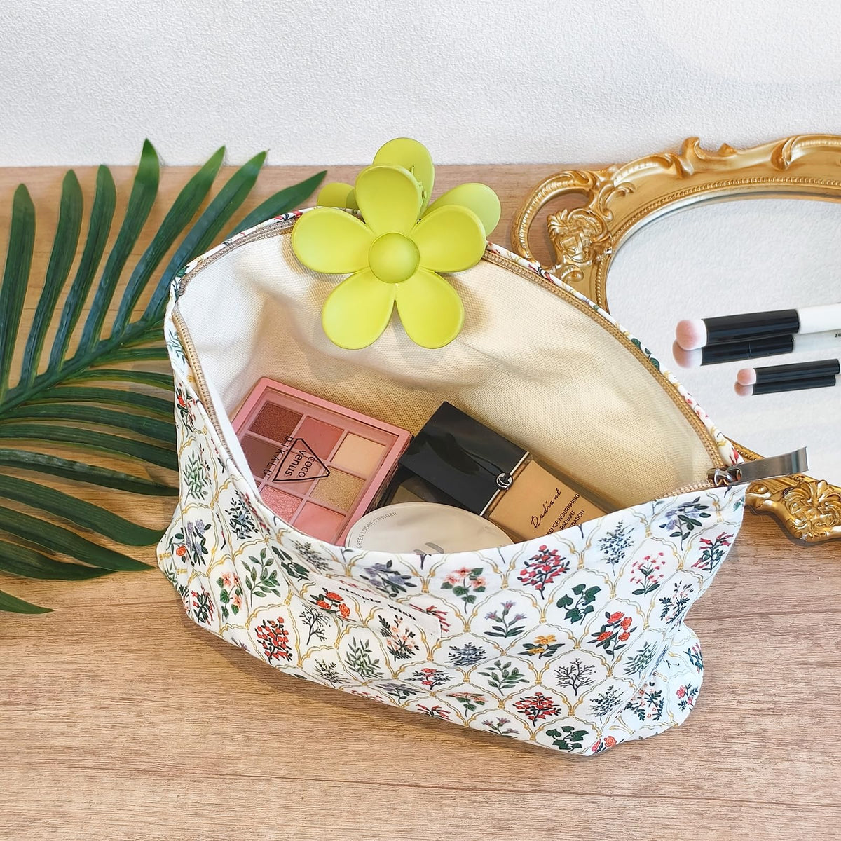STARDW Floral Makeup Bag open with cosmetics inside