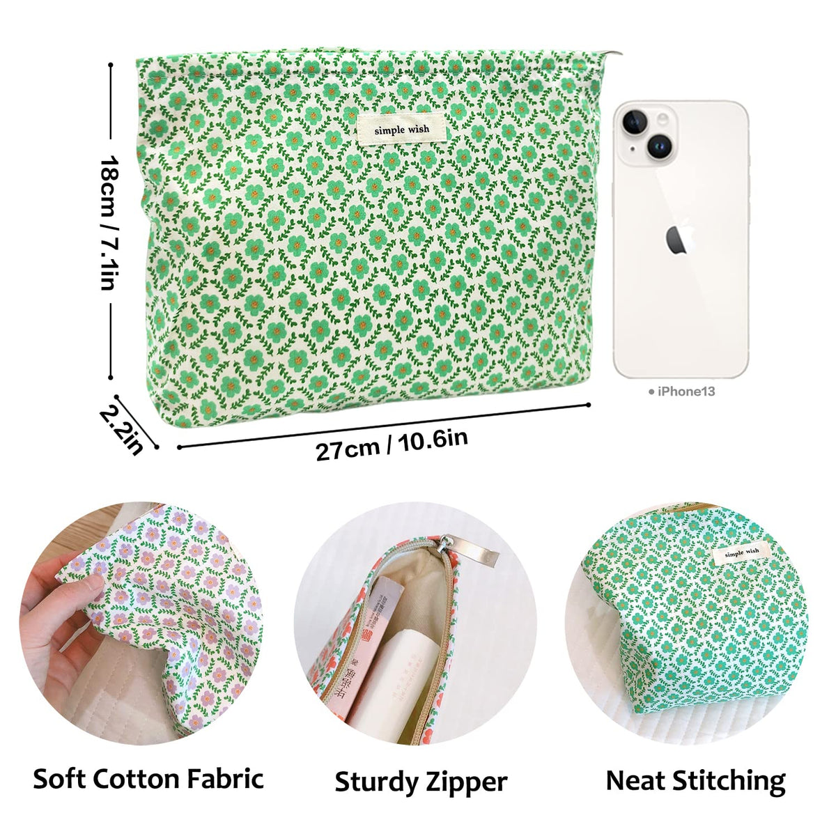 STARDW Floral Makeup Bag side view highlighting zipper