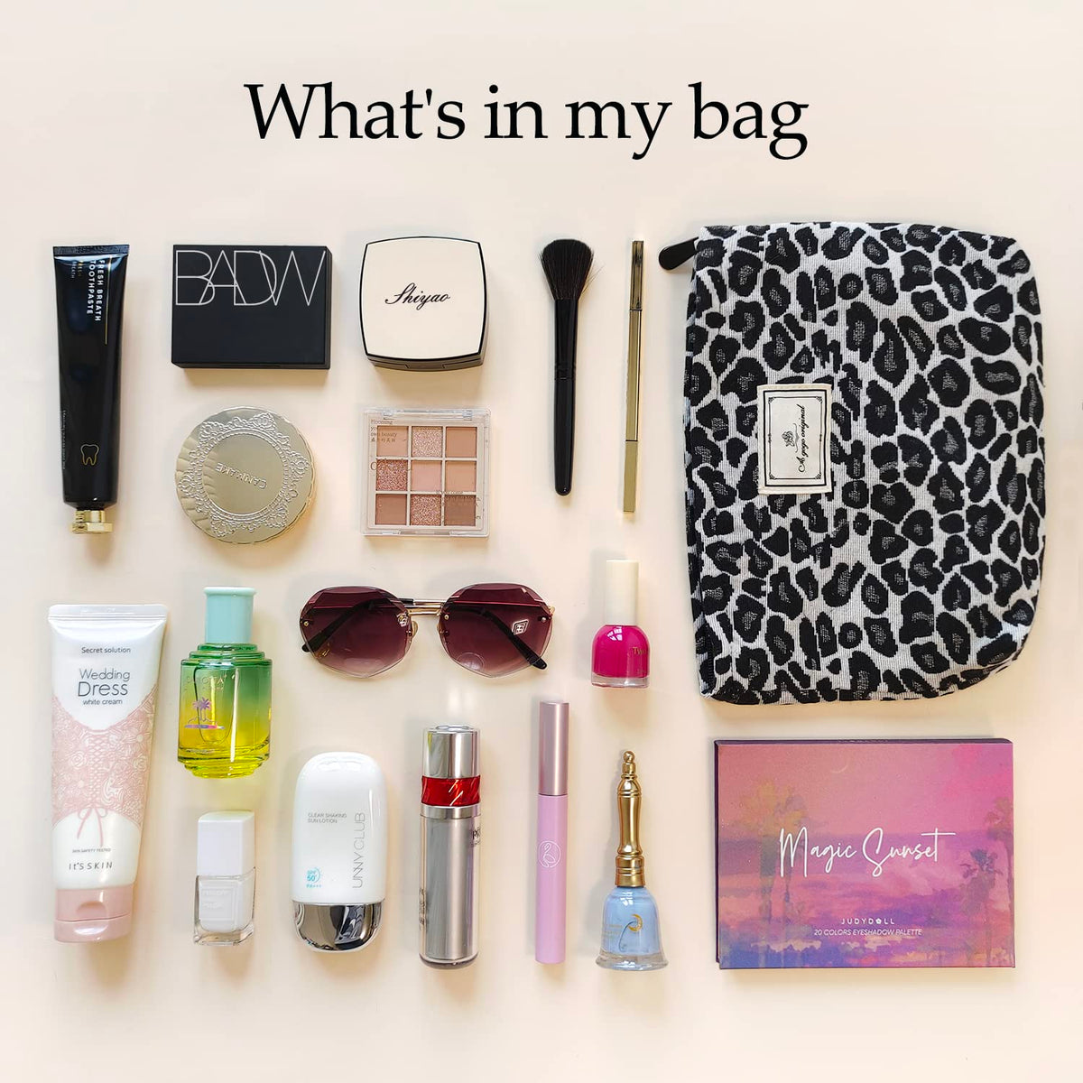 STARDW Leopard Makeup Bag on a table with cosmetics inside
