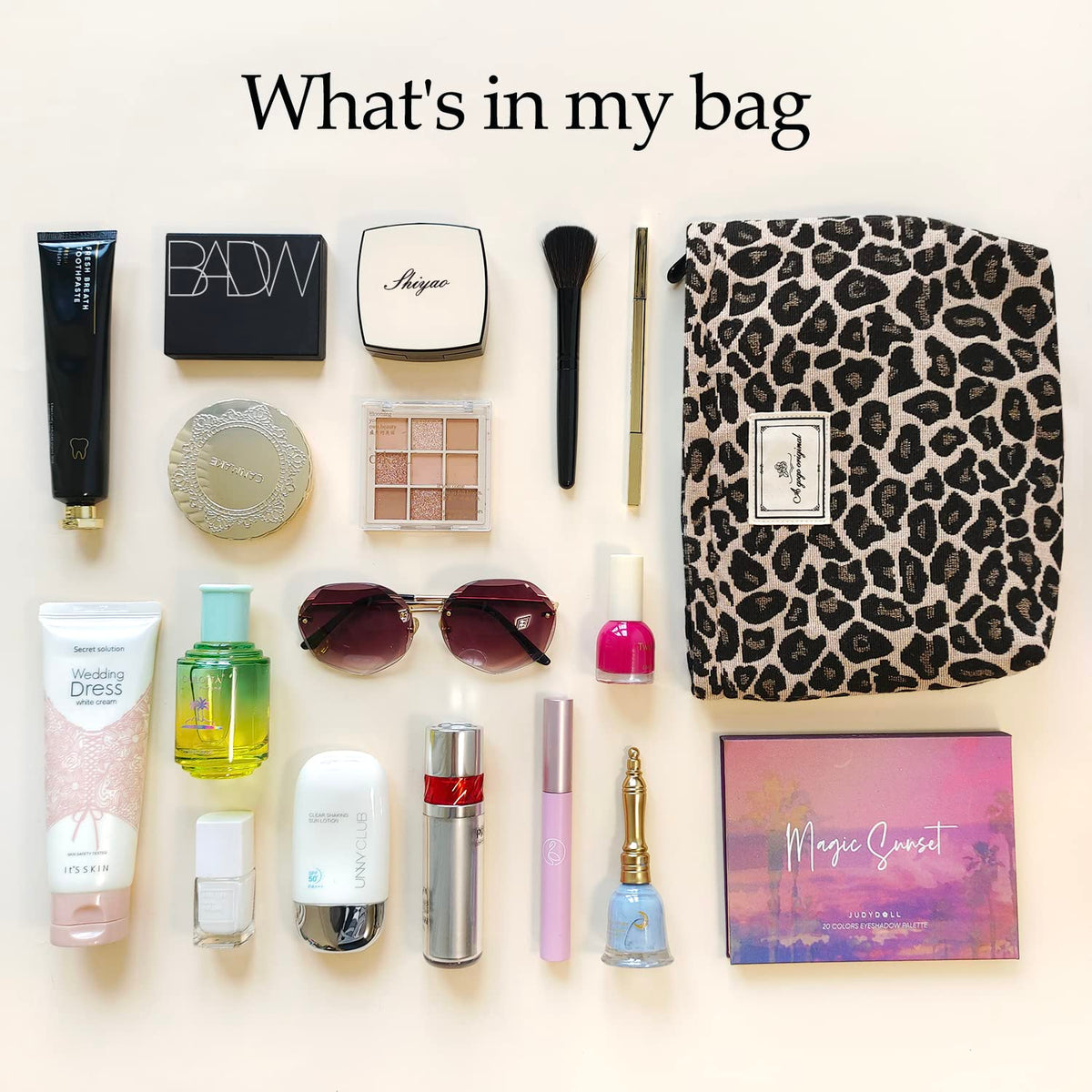 STARDW Leopard Makeup Bag Organizer lifestyle scene with travel items