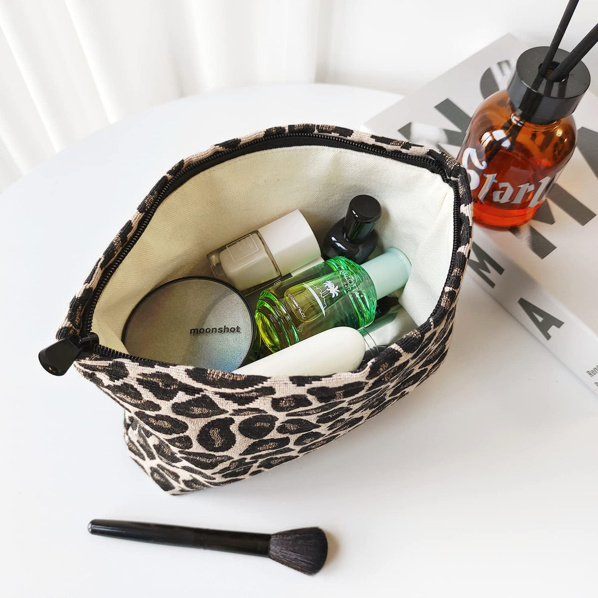 STARDW Leopard Makeup Bag Organizer open top view with cosmetics