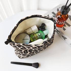 STARDW Leopard Makeup Bag Organizer open top view with cosmetics