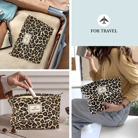 STARDW Leopard Makeup Bag Organizer packed in a suitcase