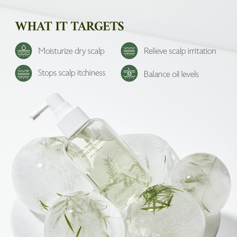 STEAMBASE Tea Tree Scalp Healing Tonic in a bathroom setting