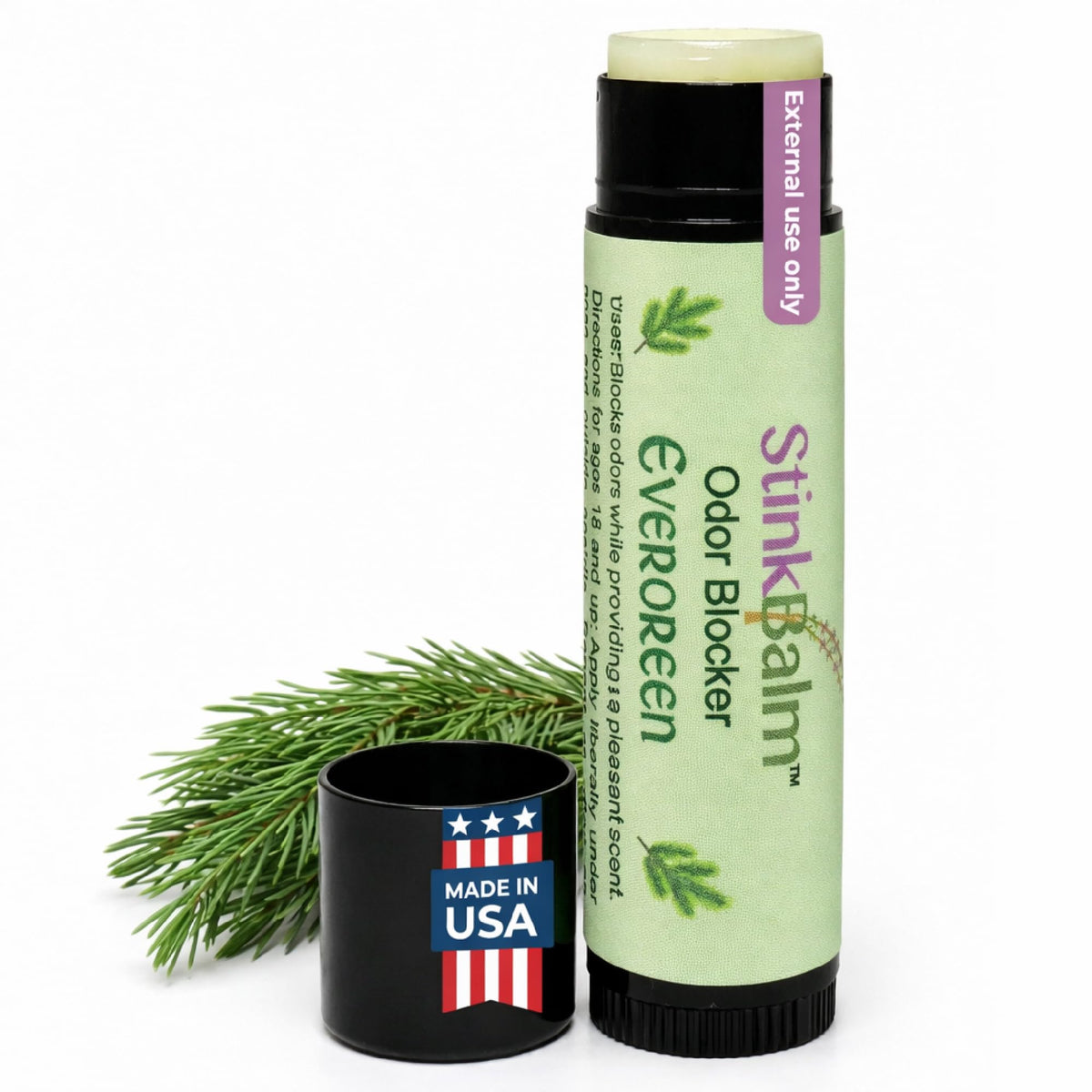 StinkBalm Evergreen Under-Nose Balm front view in packaging